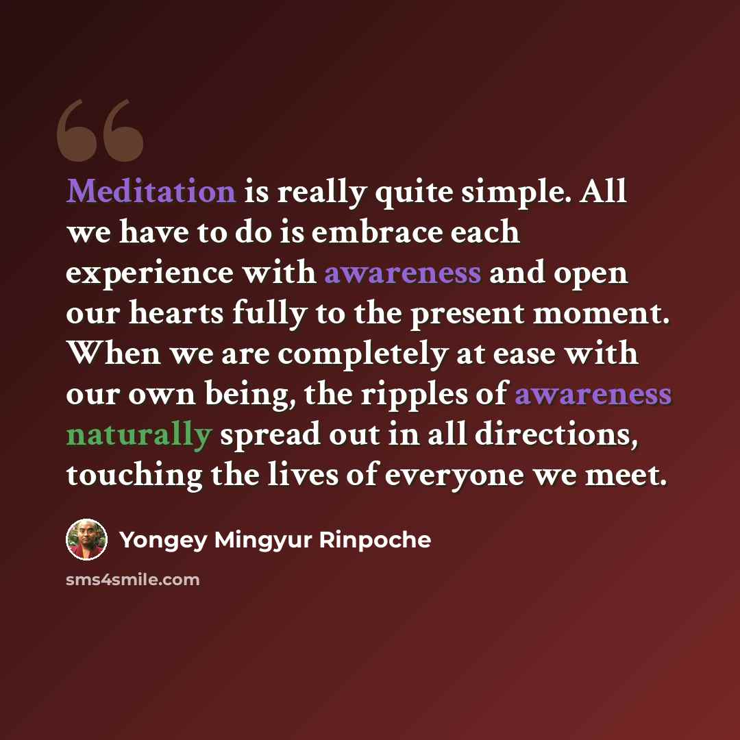 “Meditation is really quite simple. All we have to do is embrace each experience with awareness and open our hearts fully to the present moment. When we are completely at ease with our own being, the ripples of awareness naturally spread out in all directions, touching the lives of everyone we meet.” quote by Yongey Mingyur Rinpoche