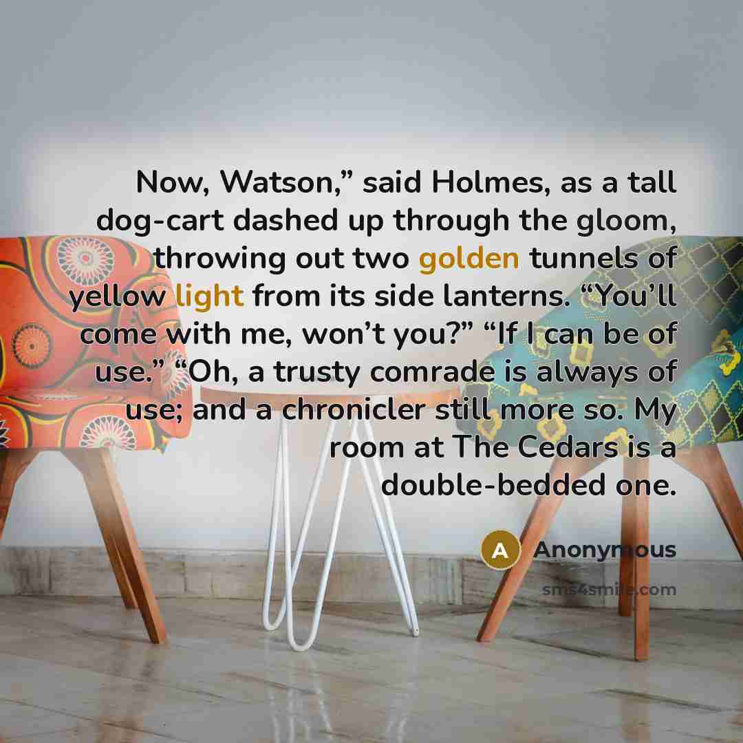 “Now, Watson,” said Holmes, as a tall dog-cart dashed up through the gloom, throwing out two golden tunnels of yellow light from its side lanterns. “You’ll come with me, won’t you?” “If I can be of use.” “Oh, a trusty comrade is always of use; and a chronicler still more so. My room at The Cedars…” quote by Anonymous