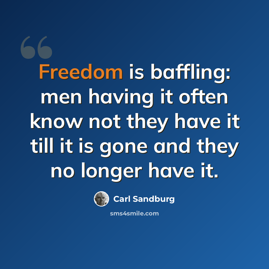 “Freedom is baffling: men having it often know not they have it till it is gone and they no longer have it.” quote by Carl Sandburg