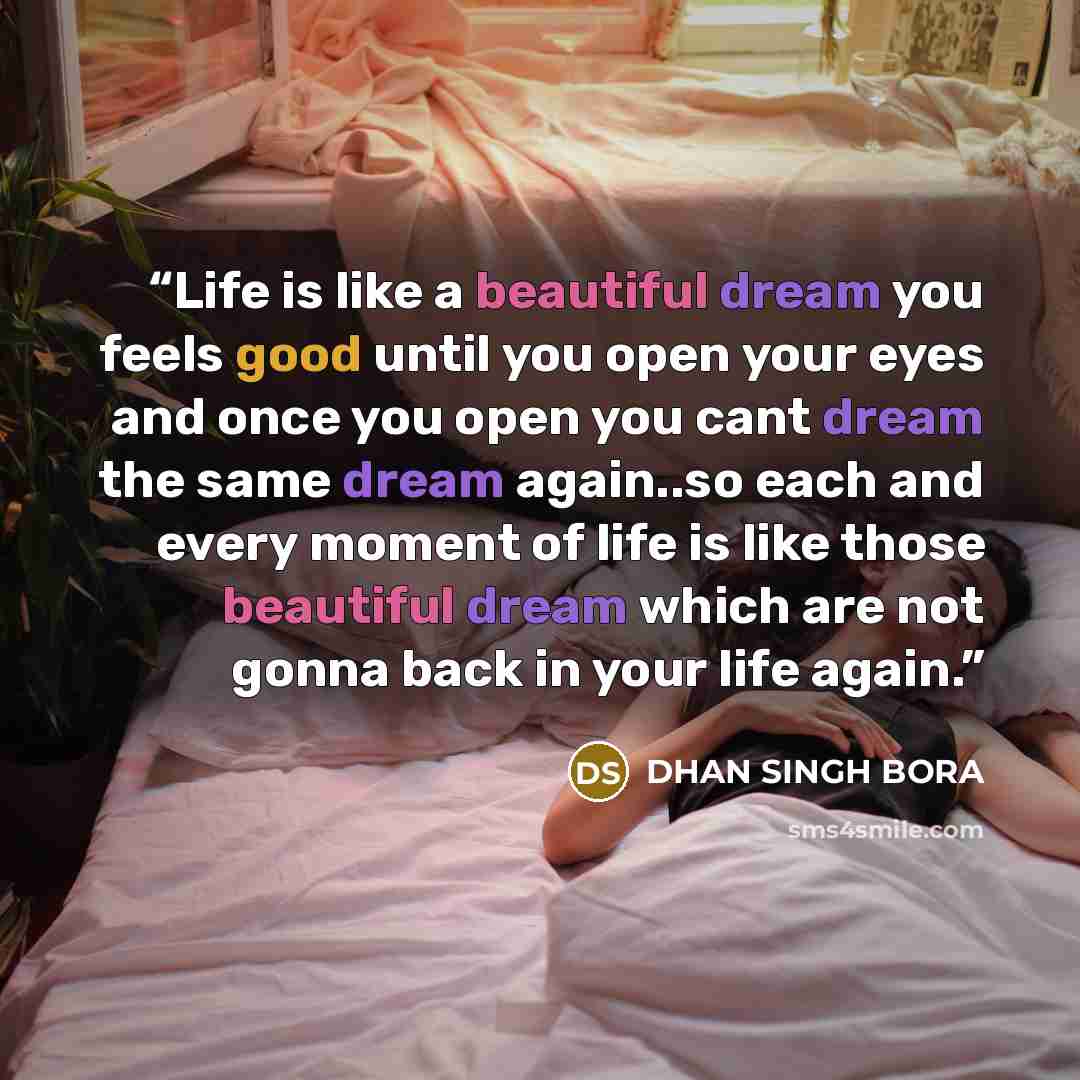 “Life is like a beautiful dream you feels good until you open your eyes and once you open you cant dream the same dream again..so each and every moment of life is like those beautiful dream which are not gonna back in your life again.” quote by DHAN SINGH BORA