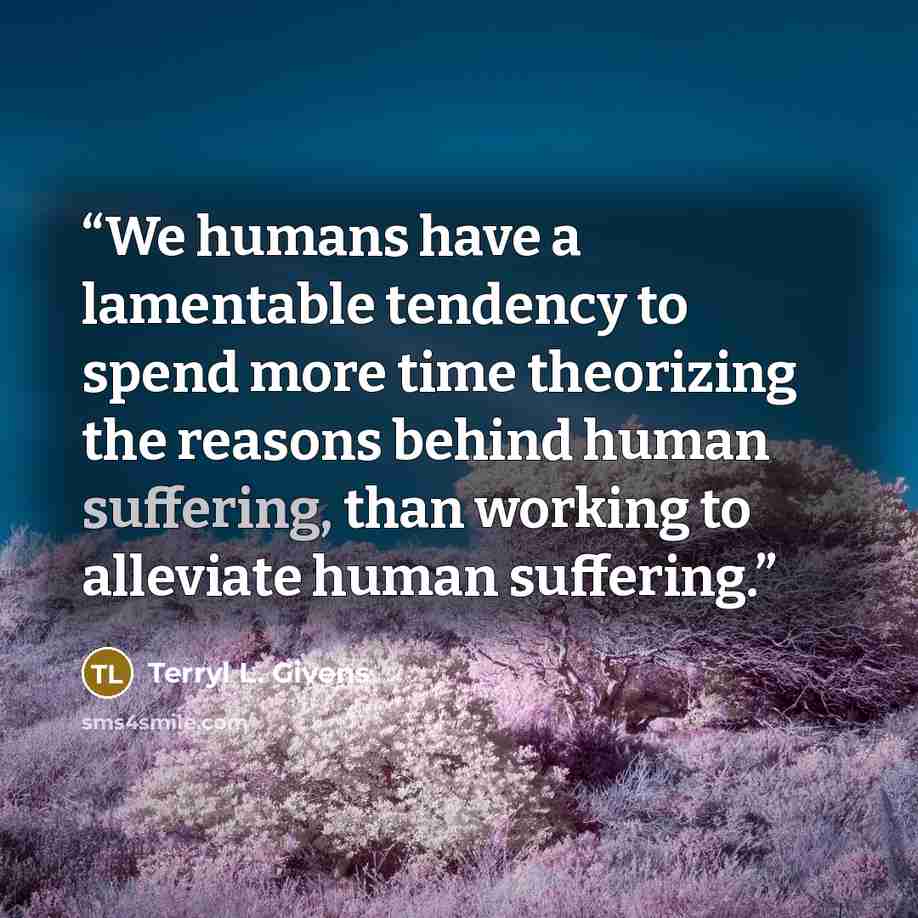“We humans have a lamentable tendency to spend more time theorizing the reasons behind human suffering, than working to alleviate human suffering.” quote by Terryl L. Givens