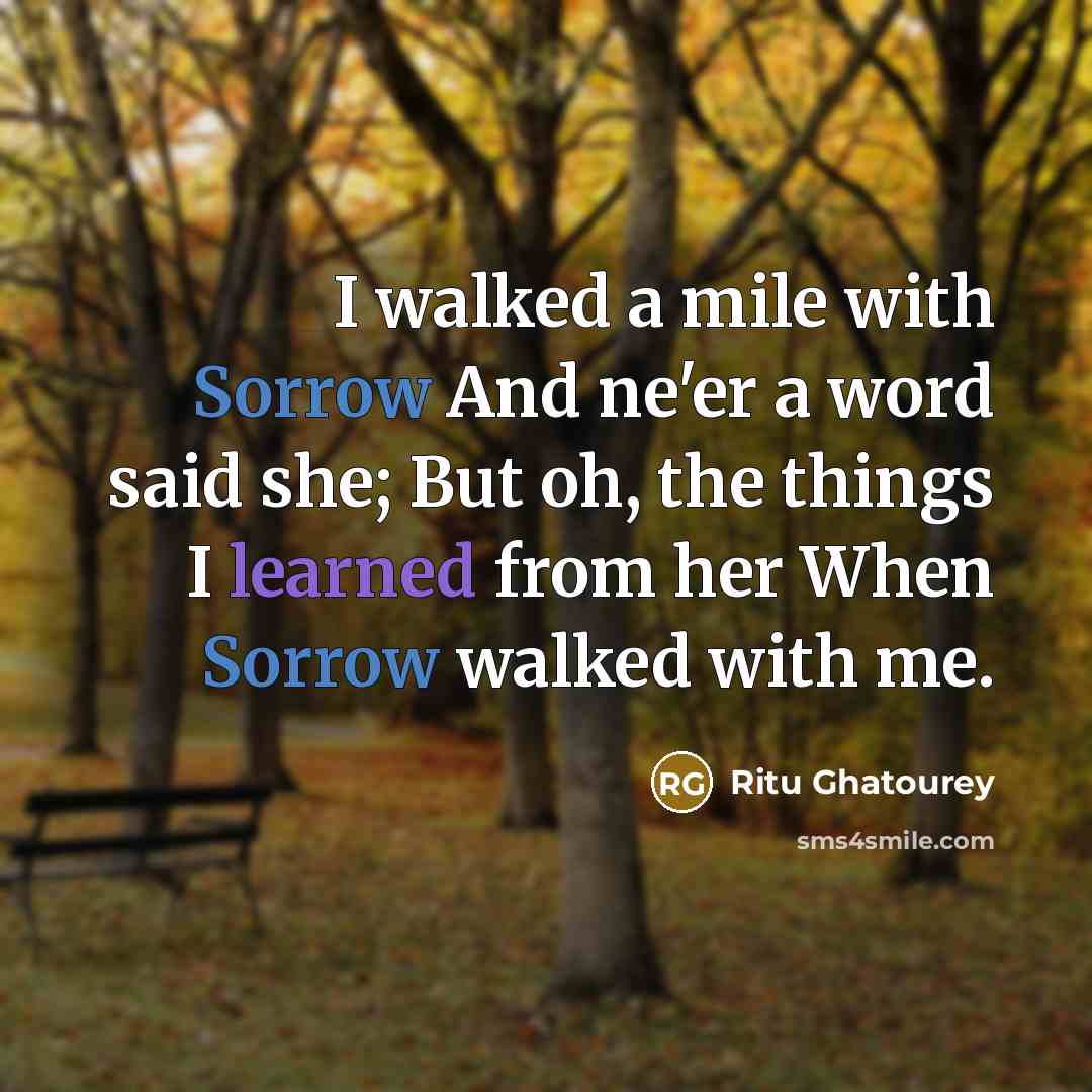 “I walked a mile with Sorrow And ne'er a word said she; But oh, the things I learned from her When Sorrow walked with me.” quote by Ritu Ghatourey