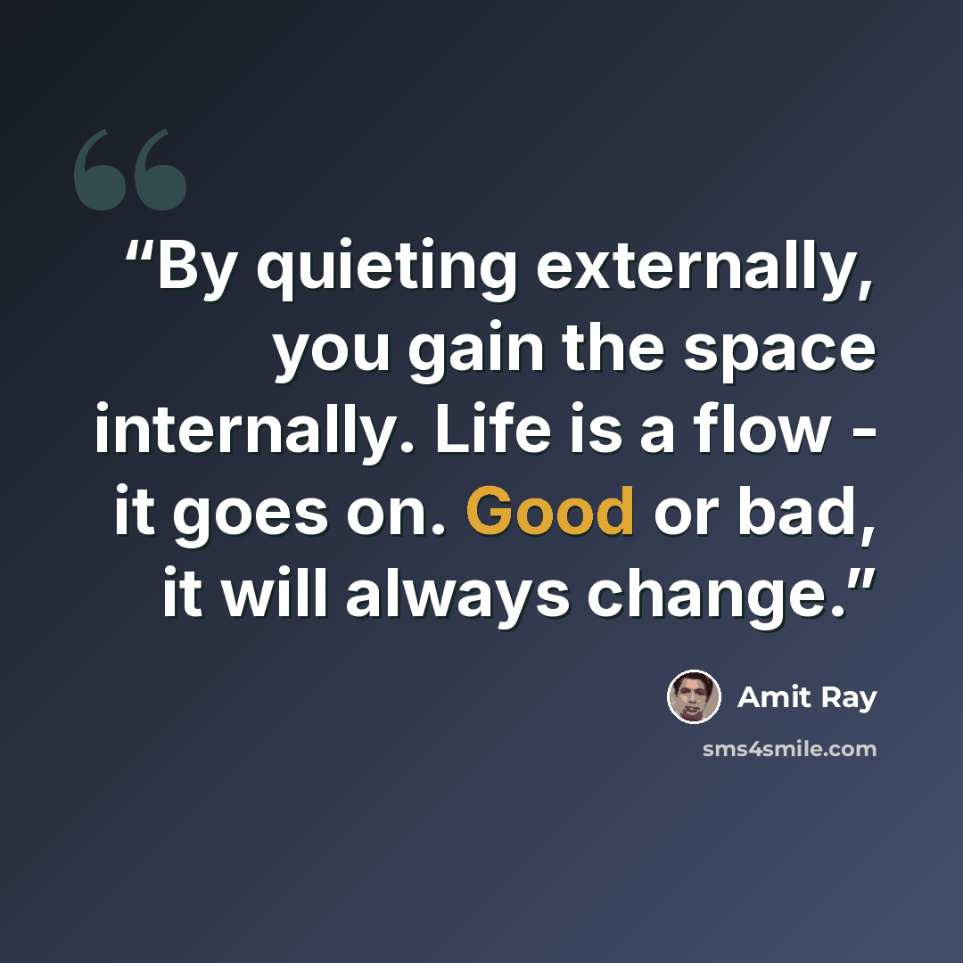 “By quieting externally, you gain the space internally. Life is a flow - it goes on. Good or bad, it will always change.” quote by Amit Ray
