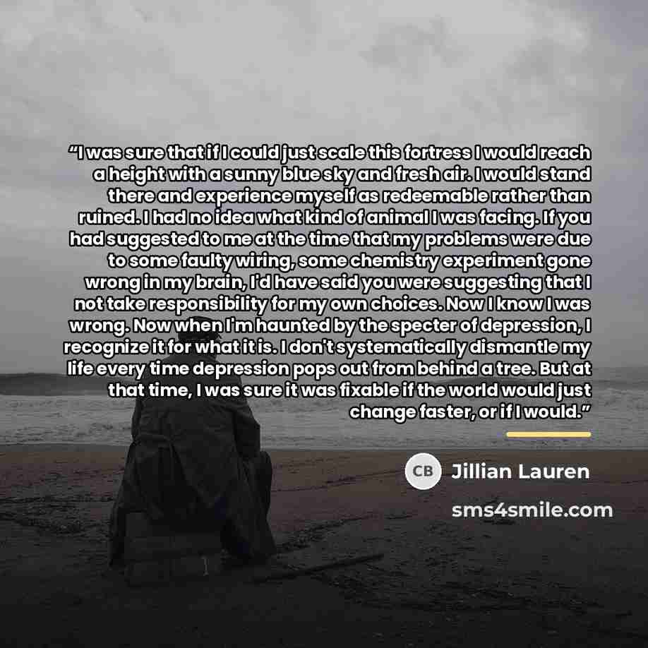 “I was sure that if I could just scale this fortress I would reach a height with a sunny blue sky and fresh air. I would stand there and experience myself as redeemable rather than ruined. I had no idea what kind of animal I was facing. If you had suggested to me at the time that my problems were…” quote by Jillian Lauren