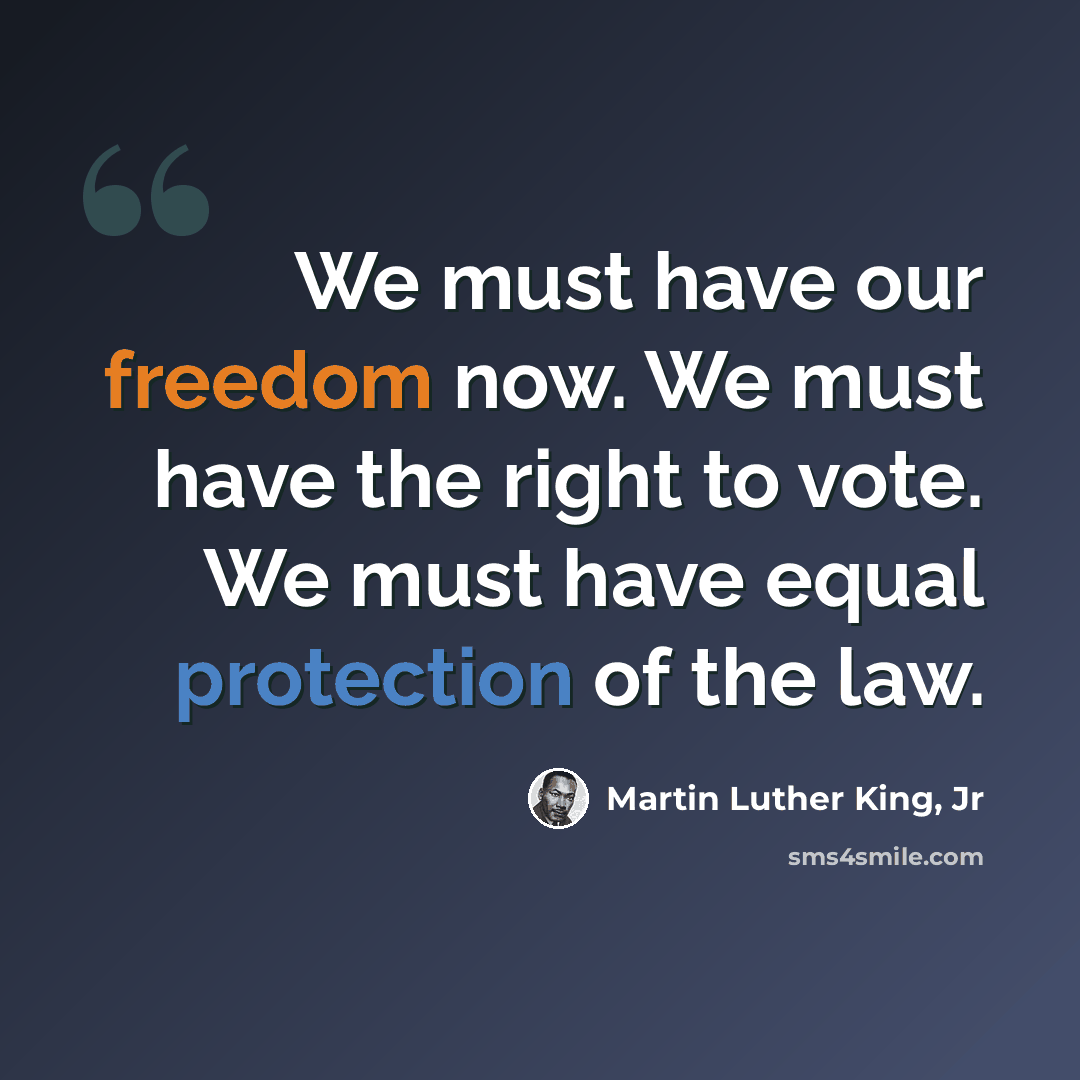 “We must have our freedom now. We must have the right to vote. We must have equal protection of the law.” quote by Martin Luther King, Jr
