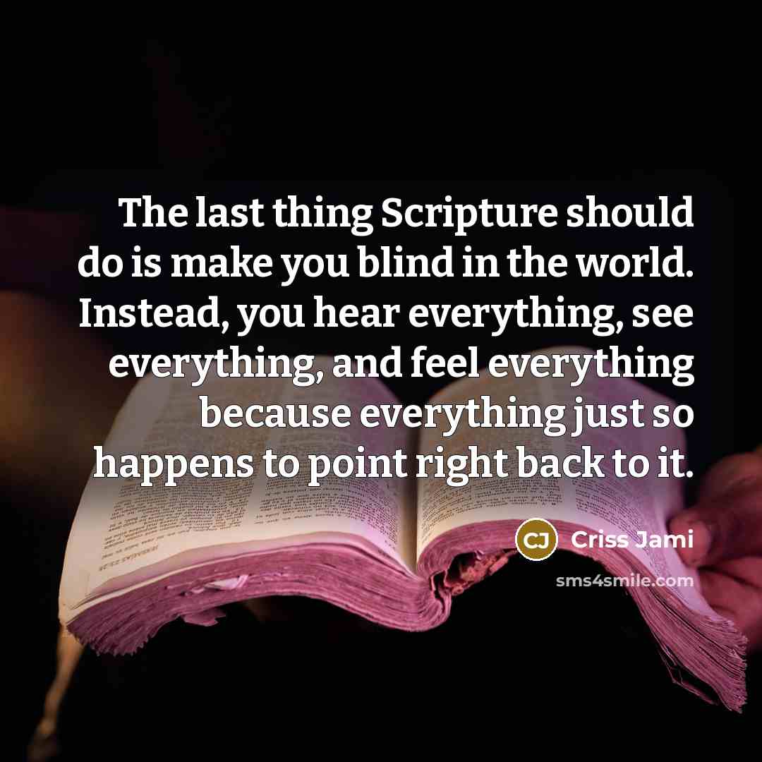 “The last thing Scripture should do is make you blind in the world. Instead, you hear everything, see everything, and feel everything because everything just so happens to point right back to it.” quote by Criss Jami