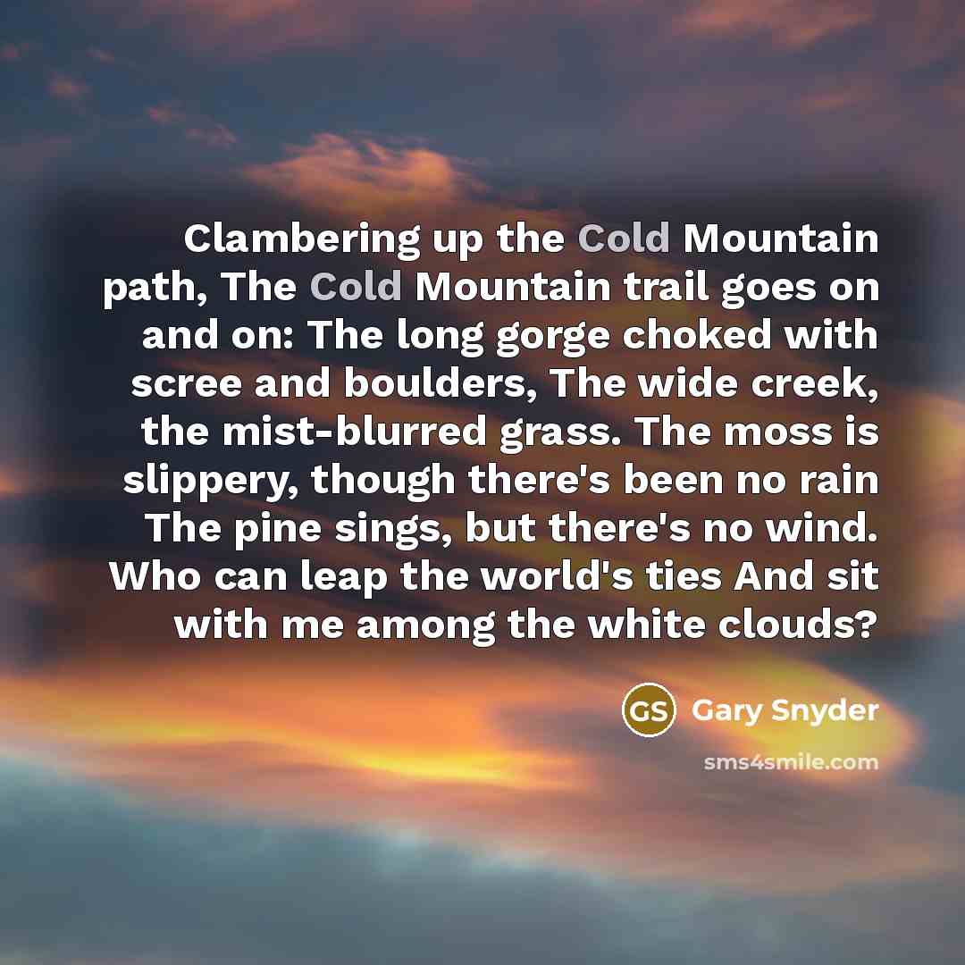 “Clambering up the Cold Mountain path, The Cold Mountain trail goes on and on: The long gorge choked with scree and boulders, The wide creek, the mist-blurred grass. The moss is slippery, though there's been no rain The pine sings, but there's no wind. Who can leap the world's ties And sit with me…” quote by Gary Snyder