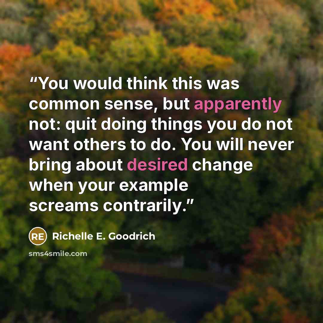 “You would think this was common sense, but apparently not: quit doing things you do not want others to do. You will never bring about desired change when your example screams contrarily.” quote by Richelle E. Goodrich