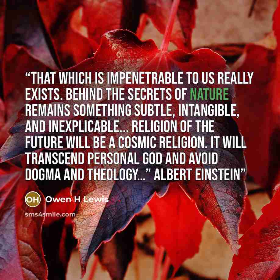 “That which is impenetrable to us really exists. Behind the secrets of nature remains something subtle, intangible, and inexplicable... Religion of the future will be a cosmic religion. It will transcend personal God and avoid dogma and theology…” Albert Einstein” quote by Owen H Lewis
