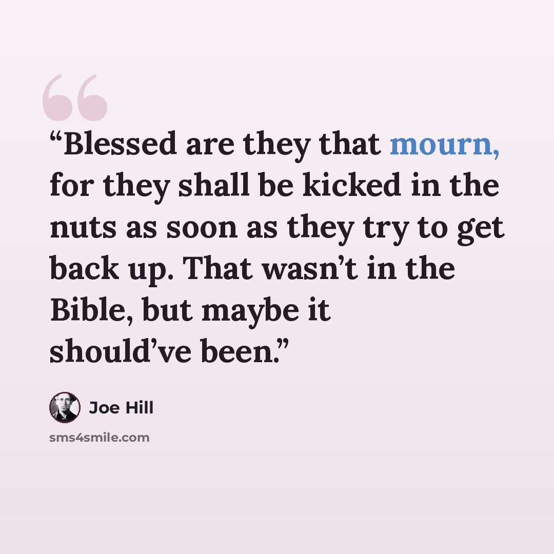 “Blessed are they that mourn, for they shall be kicked in the nuts as soon as they try to get back up. That wasn’t in the Bible, but maybe it should’ve been.” quote by Joe Hill