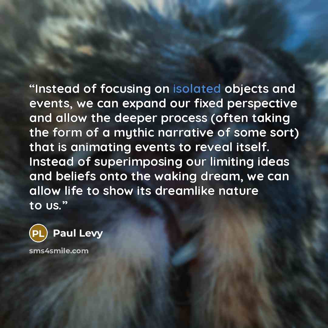 “Instead of focusing on isolated objects and events, we can expand our fixed perspective and allow the deeper process (often taking the form of a mythic narrative of some sort) that is animating events to reveal itself. Instead of superimposing our limiting ideas and beliefs onto the waking dream…” quote by Paul Levy