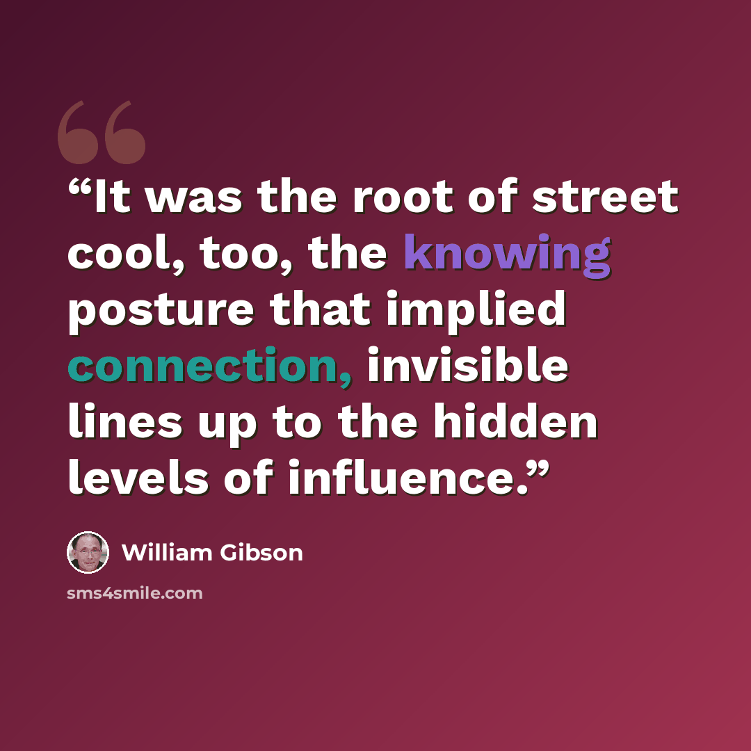 “It was the root of street cool, too, the knowing posture that implied connection, invisible lines up to the hidden levels of influence.” quote by William Gibson