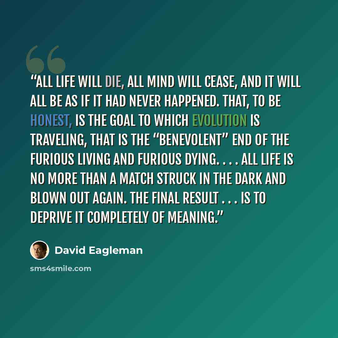 “All life will die, all mind will cease, and it will all be as if it had never happened. That, to be honest, is the goal to which evolution is traveling, that is the “benevolent” end of the furious living and furious dying. . . . All life is no more than a match struck in the dark and blown out…” quote by David Eagleman