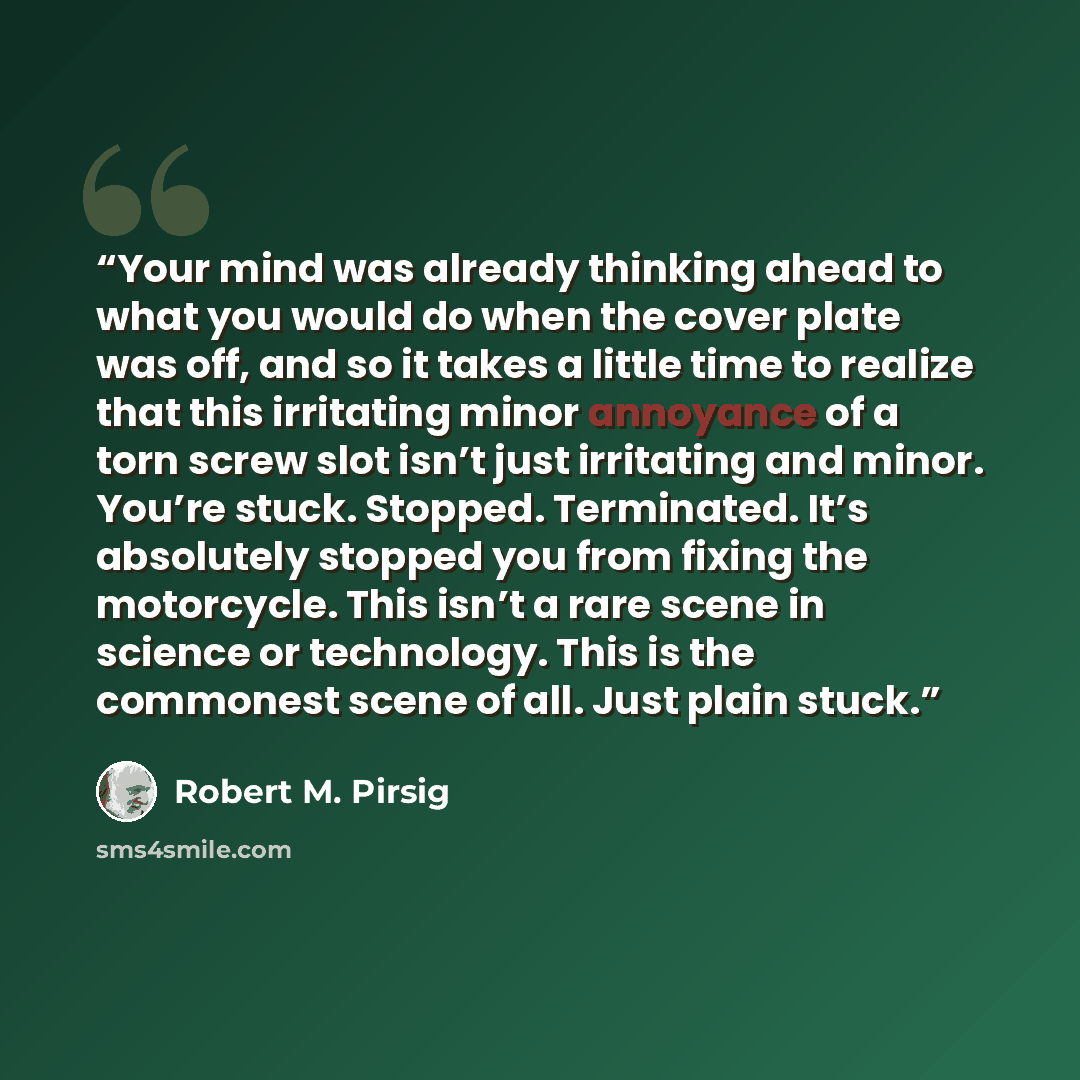 “Your mind was already thinking ahead to what you would do when the cover plate was off, and so it takes a little time to realize that this irritating minor annoyance of a torn screw slot isn’t just irritating and minor. You’re stuck. Stopped. Terminated. It’s absolutely stopped you from fixing the…” quote by Robert M. Pirsig