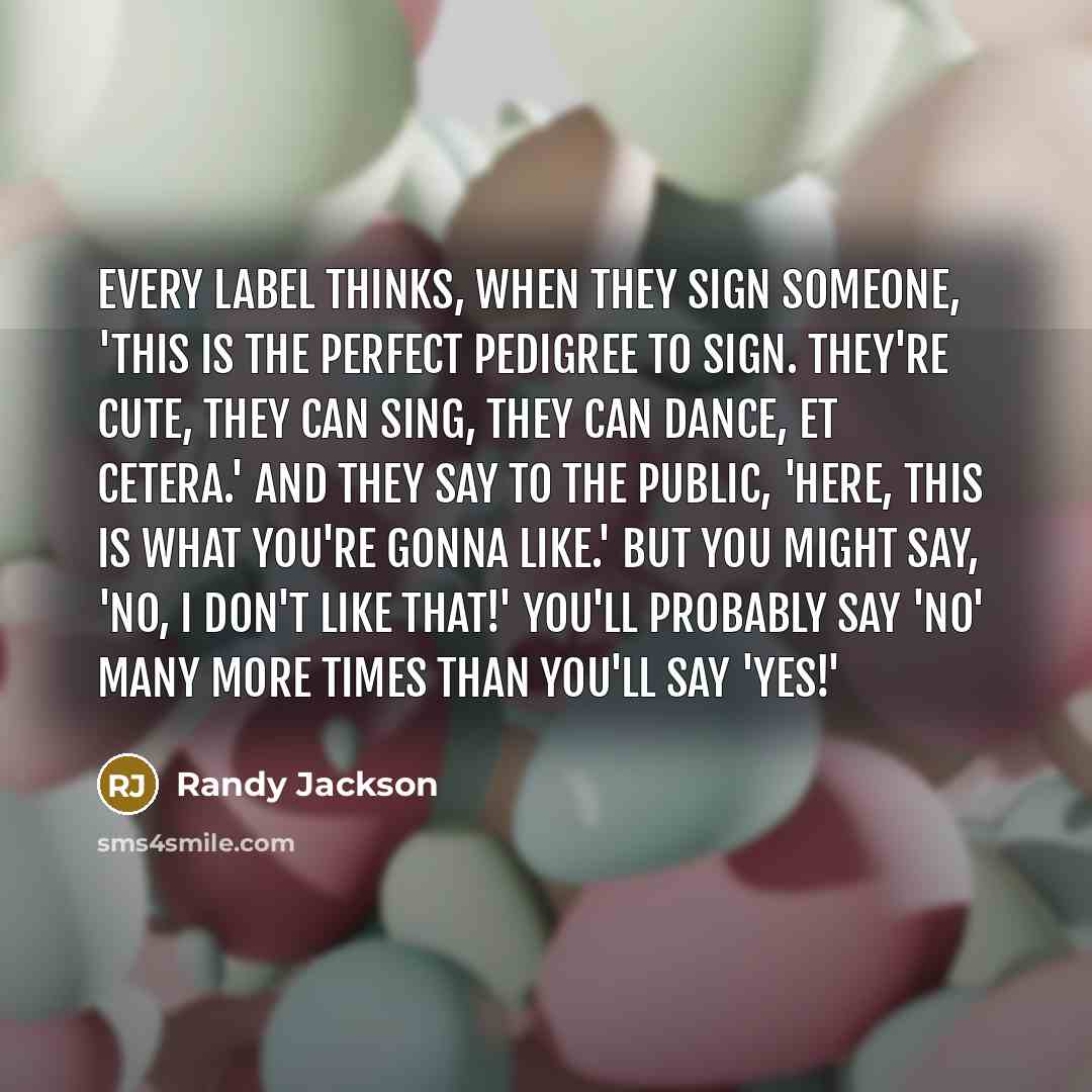 “Every label thinks, when they sign someone, 'This is the perfect pedigree to sign. They're cute, they can sing, they can dance, et cetera.' And they say to the public, 'Here, this is what you're gonna like.' But you might say, 'No, I don't like that!' You'll probably say 'no' many more times than…” quote by Randy Jackson