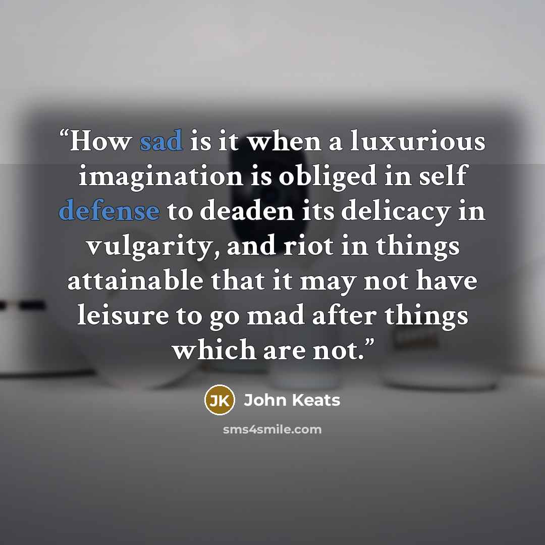 “How sad is it when a luxurious imagination is obliged in self defense to deaden its delicacy in vulgarity, and riot in things attainable that it may not have leisure to go mad after things which are not.” quote by John Keats
