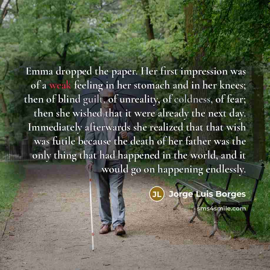 “Emma dropped the paper. Her first impression was of a weak feeling in her stomach and in her knees; then of blind guilt, of unreality, of coldness, of fear; then she wished that it were already the next day. Immediately afterwards she realized that that wish was futile because the death of her…” quote by Jorge Luis Borges