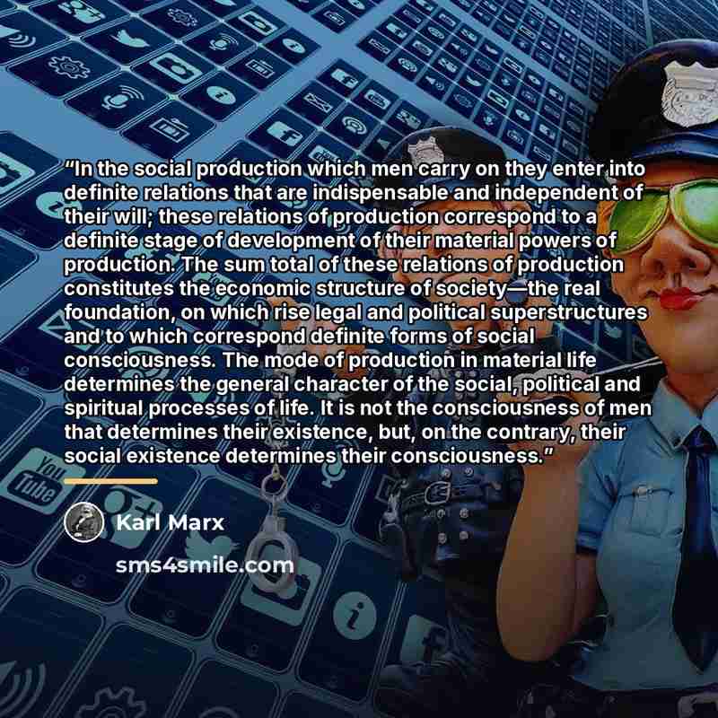 “In the social production which men carry on they enter into definite relations that are indispensable and independent of their will; these relations of production correspond to a definite stage of development of their material powers of production. The sum total of these relations of production…” quote by Karl Marx