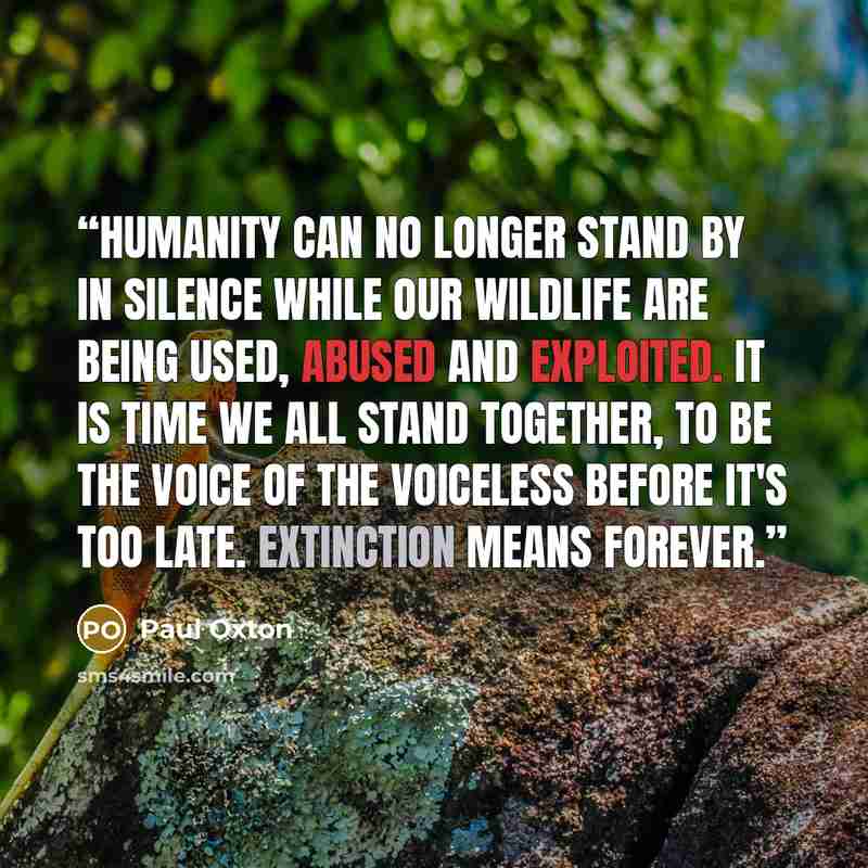 “Humanity can no longer stand by in silence while our wildlife are being used, abused and exploited. It is time we all stand together, to be the voice of the voiceless before it's too late. Extinction means forever.” quote by Paul Oxton