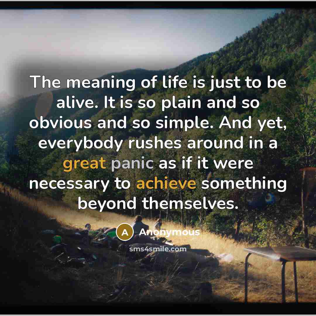 “The meaning of life is just to be alive. It is so plain and so obvious and so simple. And yet, everybody rushes around in a great panic as if it were necessary to achieve something beyond themselves.” quote by Anonymous