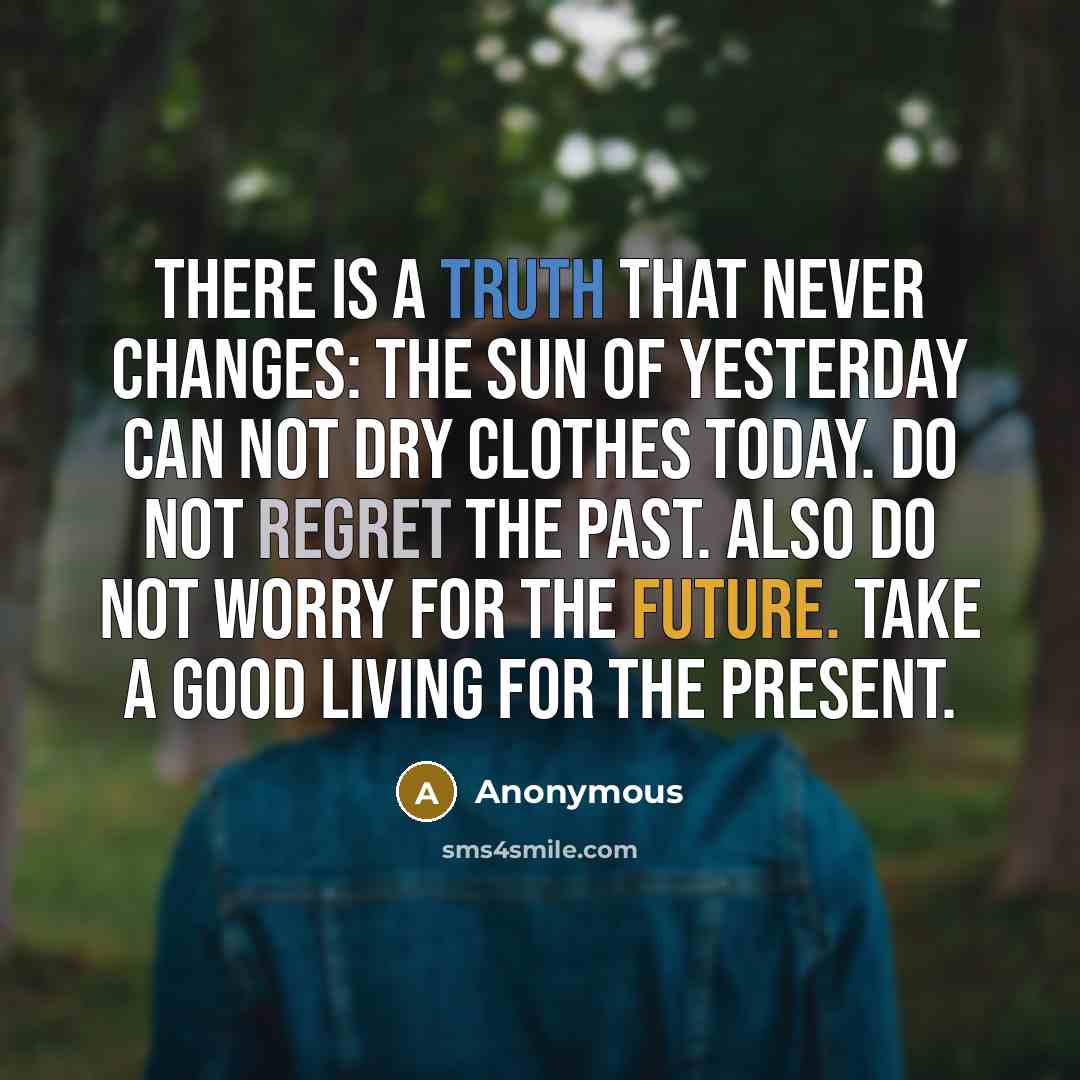 “There is a truth that never changes: The sun of yesterday can not dry clothes today. Do not regret the past. Also do not worry for the future. Take a good living for the present.” quote by Anonymous