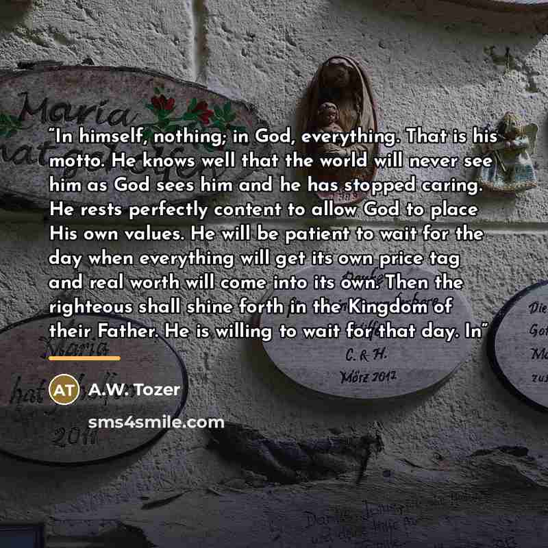 “In himself, nothing; in God, everything. That is his motto. He knows well that the world will never see him as God sees him and he has stopped caring. He rests perfectly content to allow God to place His own values. He will be patient to wait for the day when everything will get its own price tag…” quote by A.W. Tozer