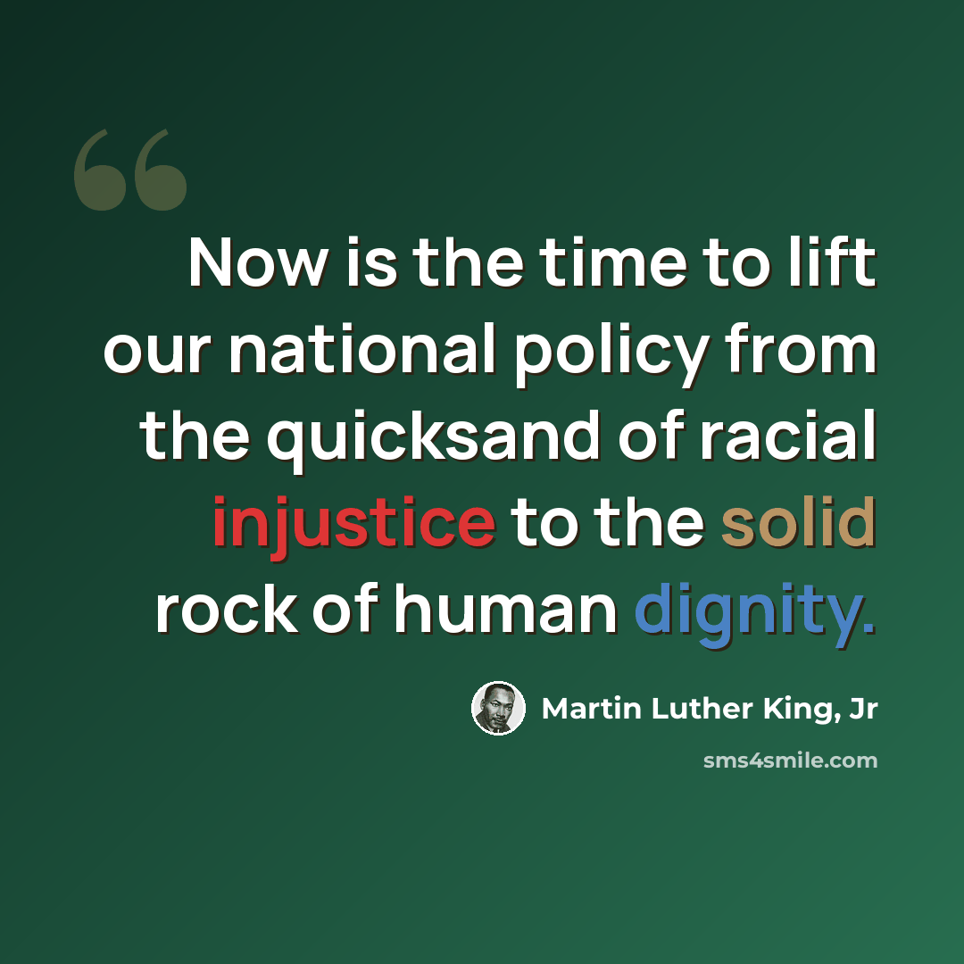 “Now is the time to lift our national policy from the quicksand of racial injustice to the solid rock of human dignity.” quote by Martin Luther King, Jr
