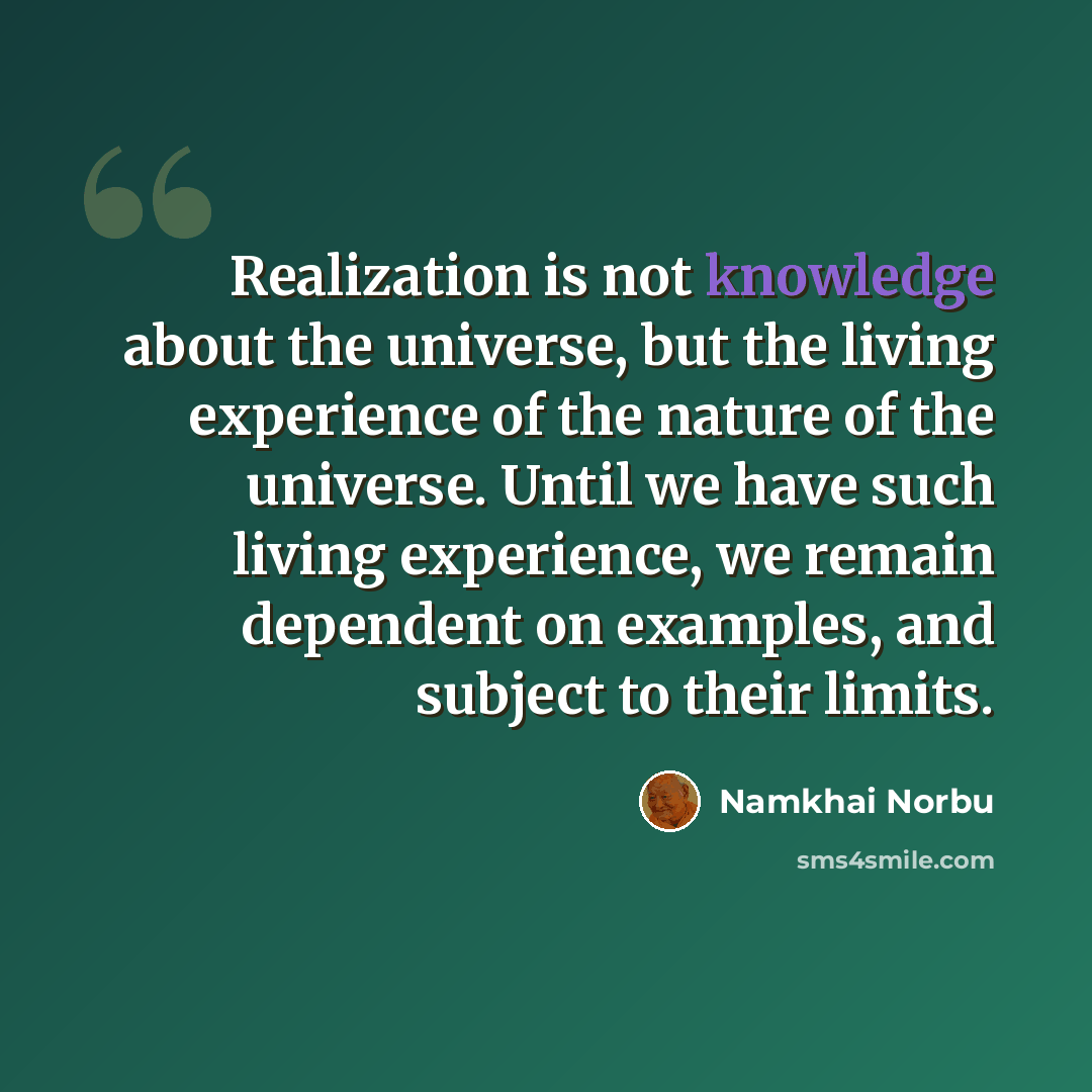 “Realization is not knowledge about the universe, but the living experience of the nature of the universe. Until we have such living experience, we remain dependent on examples, and subject to their limits.” quote by Namkhai Norbu