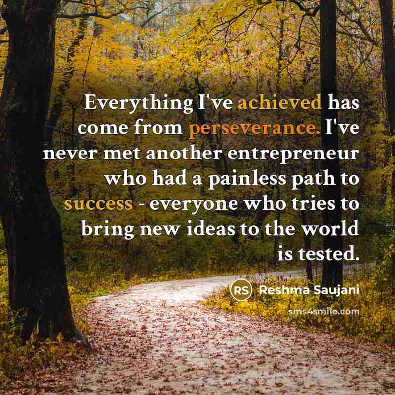 “Everything I've achieved has come from perseverance. I've never met another entrepreneur who had a painless path to success - everyone who tries to bring new ideas to the world is tested.” quote by Reshma Saujani