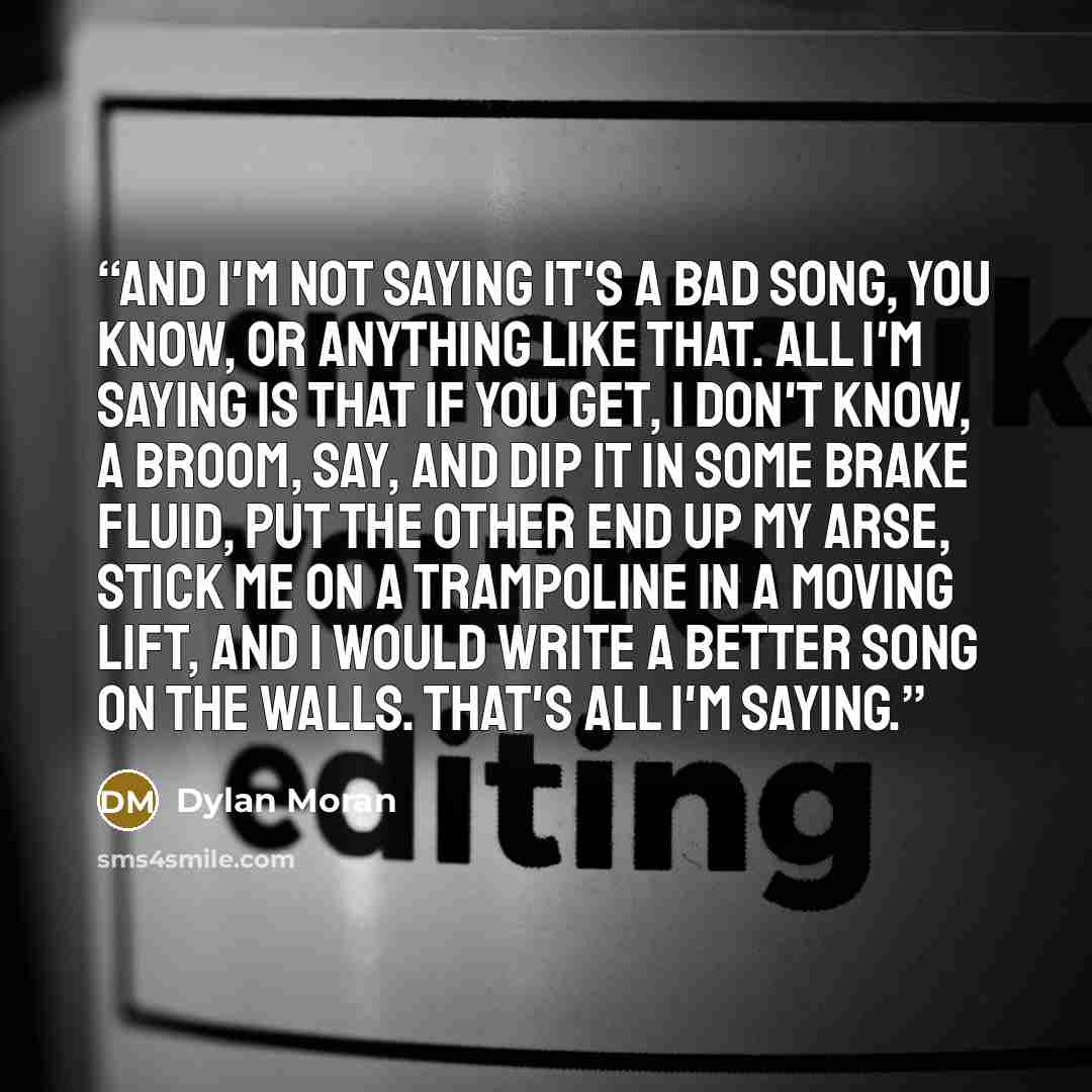 “And I'm not saying it's a bad song, you know, or anything like that. All I'm saying is that if you get, I don't know, a broom, say, and dip it in some brake fluid, put the other end up my arse, stick me on a trampoline in a moving lift, and I would write a better song on the walls. That's all I'm…” quote by Dylan Moran