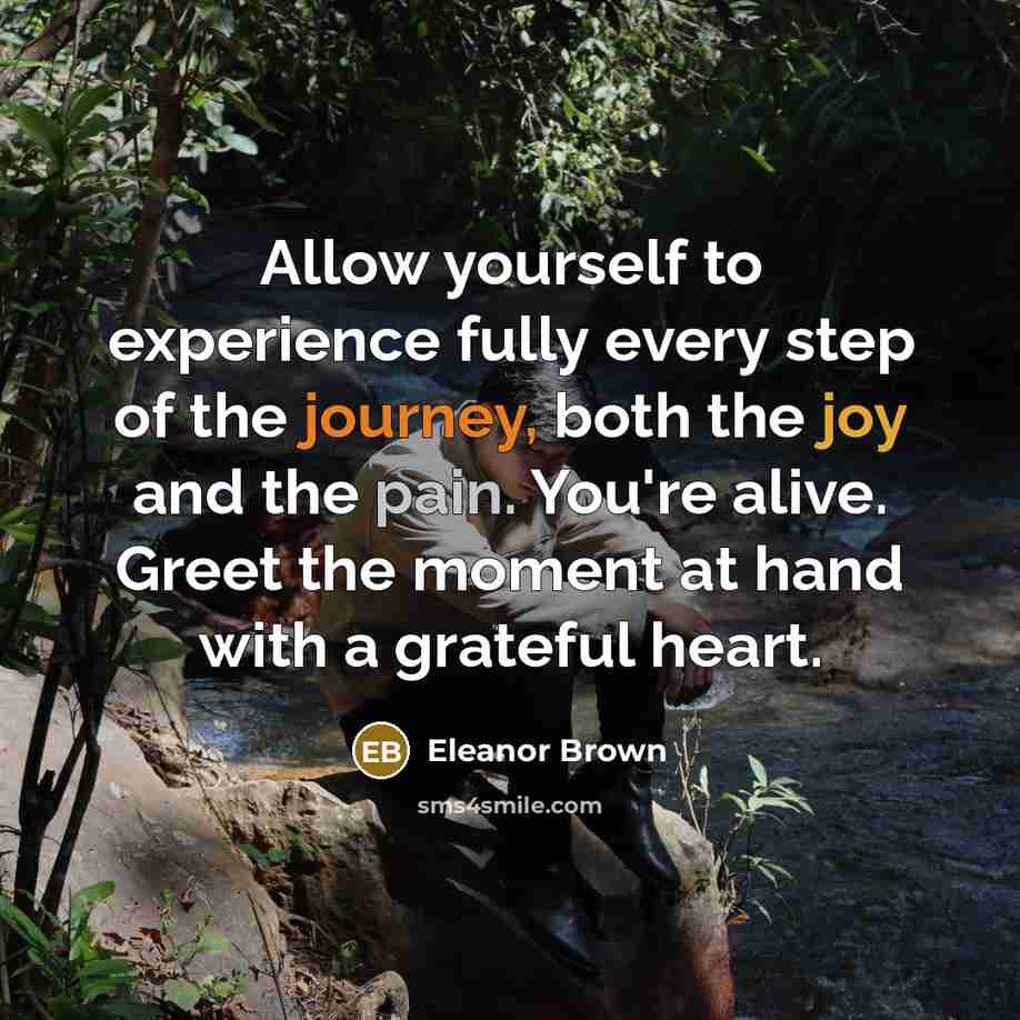 “Allow yourself to experience fully every step of the journey, both the joy and the pain. You're alive. Greet the moment at hand with a grateful heart.” quote by Eleanor Brown