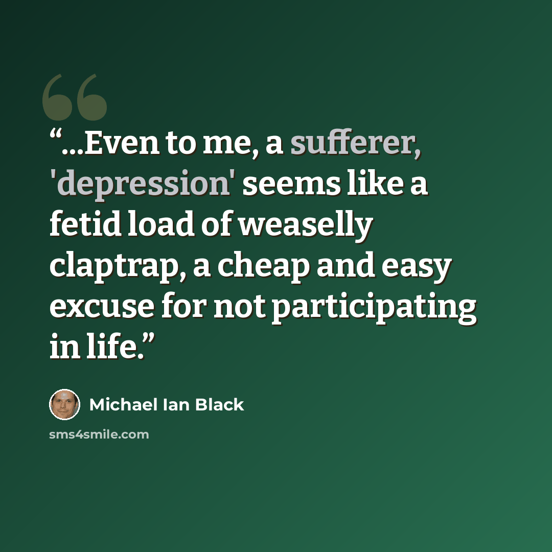 “...Even to me, a sufferer, 'depression' seems like a fetid load of weaselly claptrap, a cheap and easy excuse for not participating in life.” quote by Michael Ian Black