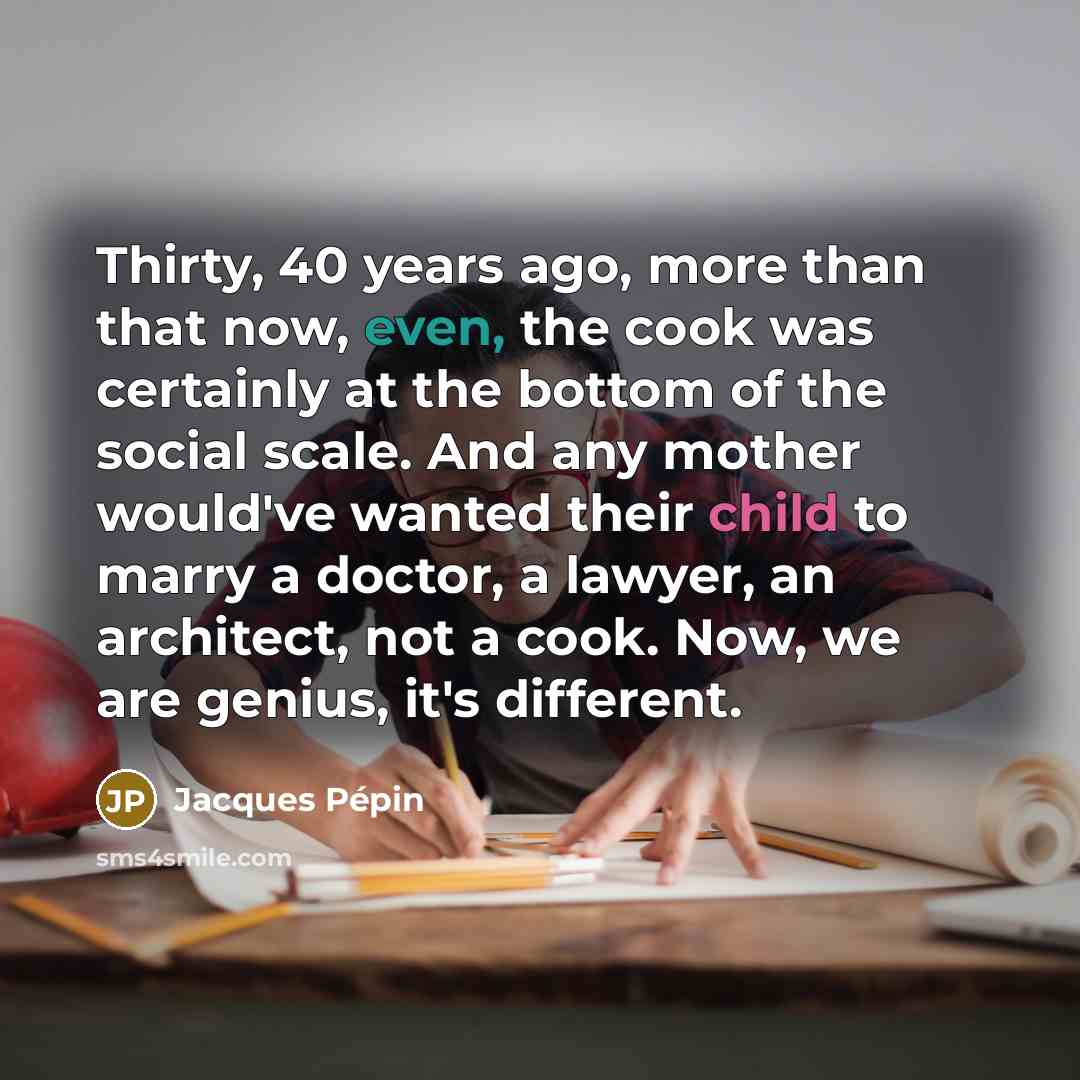 “Thirty, 40 years ago, more than that now, even, the cook was certainly at the bottom of the social scale. And any mother would've wanted their child to marry a doctor, a lawyer, an architect, not a cook. Now, we are genius, it's different.” quote by Jacques Pepin