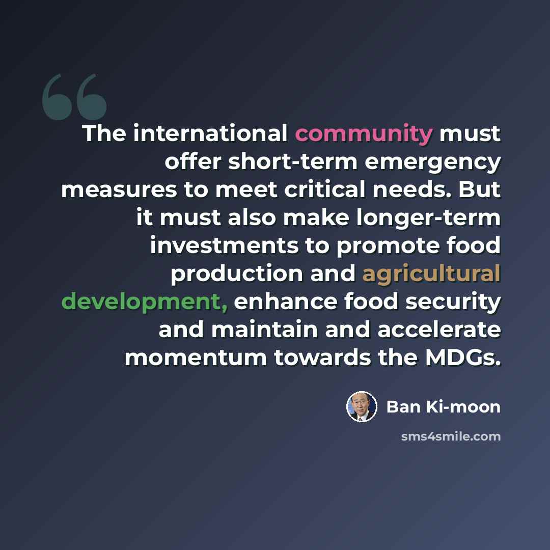 “The international community must offer short-term emergency measures to meet critical needs. But it must also make longer-term investments to promote food production and agricultural development, enhance food security and maintain and accelerate momentum towards the MDGs.” quote by Ban Ki-moon