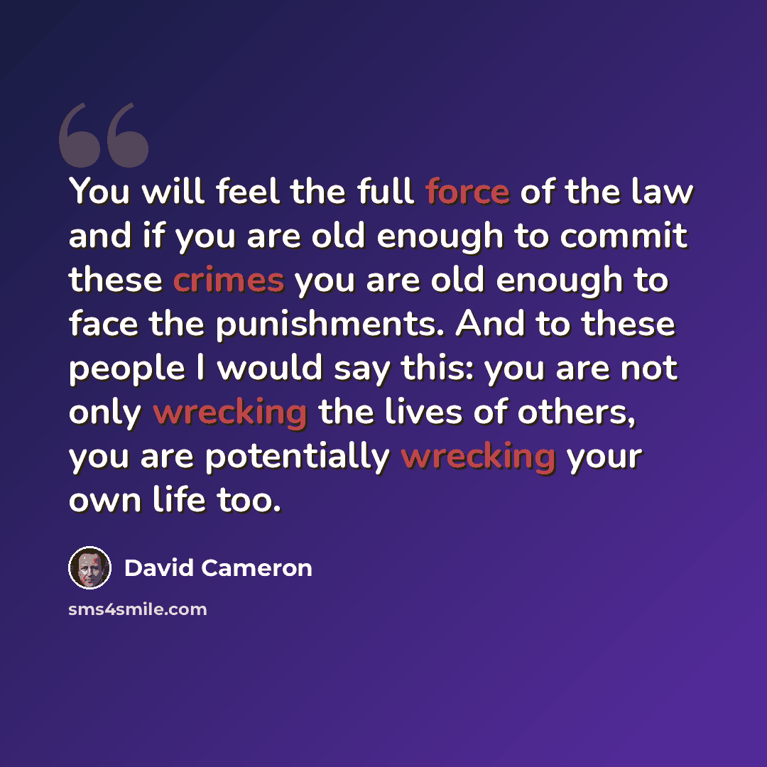 “You will feel the full force of the law and if you are old enough to commit these crimes you are old enough to face the punishments. And to these people I would say this: you are not only wrecking the lives of others, you are potentially wrecking your own life too.” quote by David Cameron