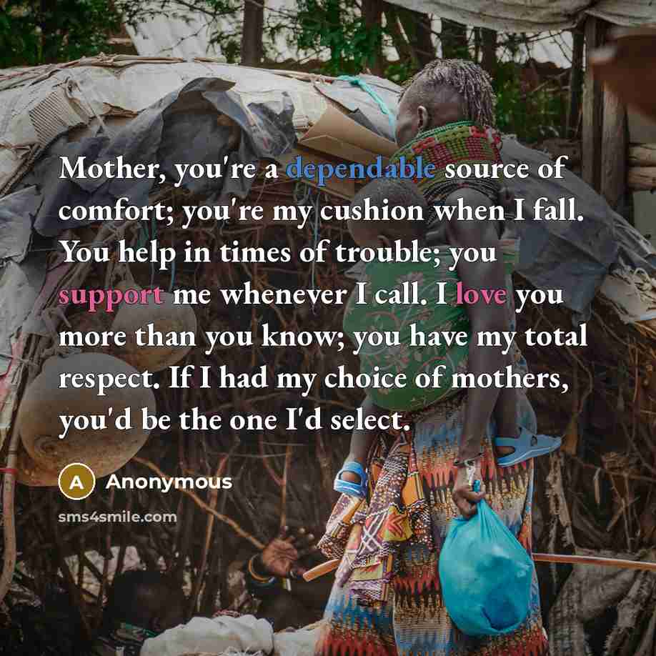 “Mother, you're a dependable source of comfort; you're my cushion when I fall. You help in times of trouble; you support me whenever I call. I love you more than you know; you have my total respect. If I had my choice of mothers, you'd be the one I'd select.” quote by Anonymous