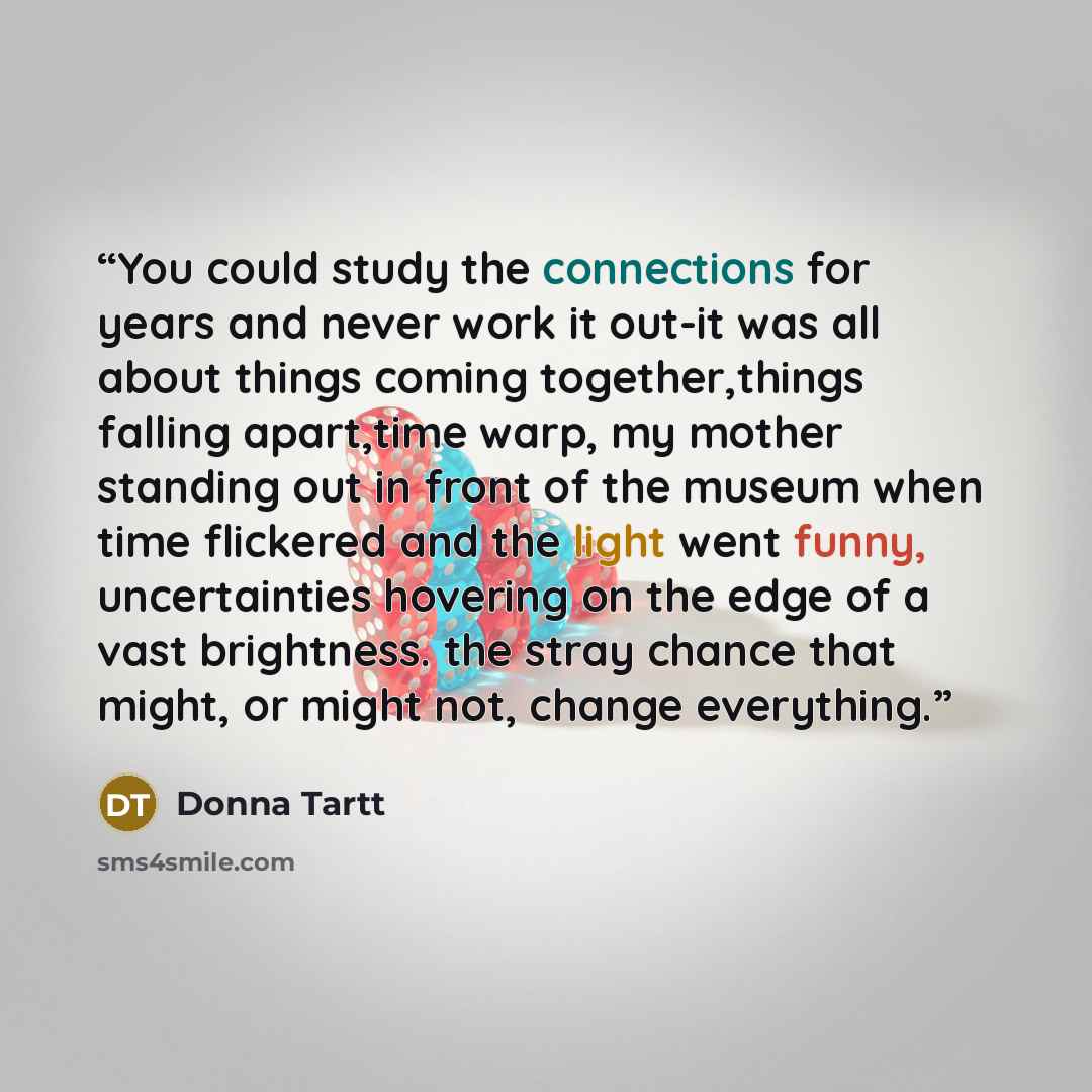 “You could study the connections for years and never work it out-it was all about things coming together,things falling apart,time warp, my mother standing out in front of the museum when time flickered and the light went funny, uncertainties hovering on the edge of a vast brightness. the stray…” quote by Donna Tartt