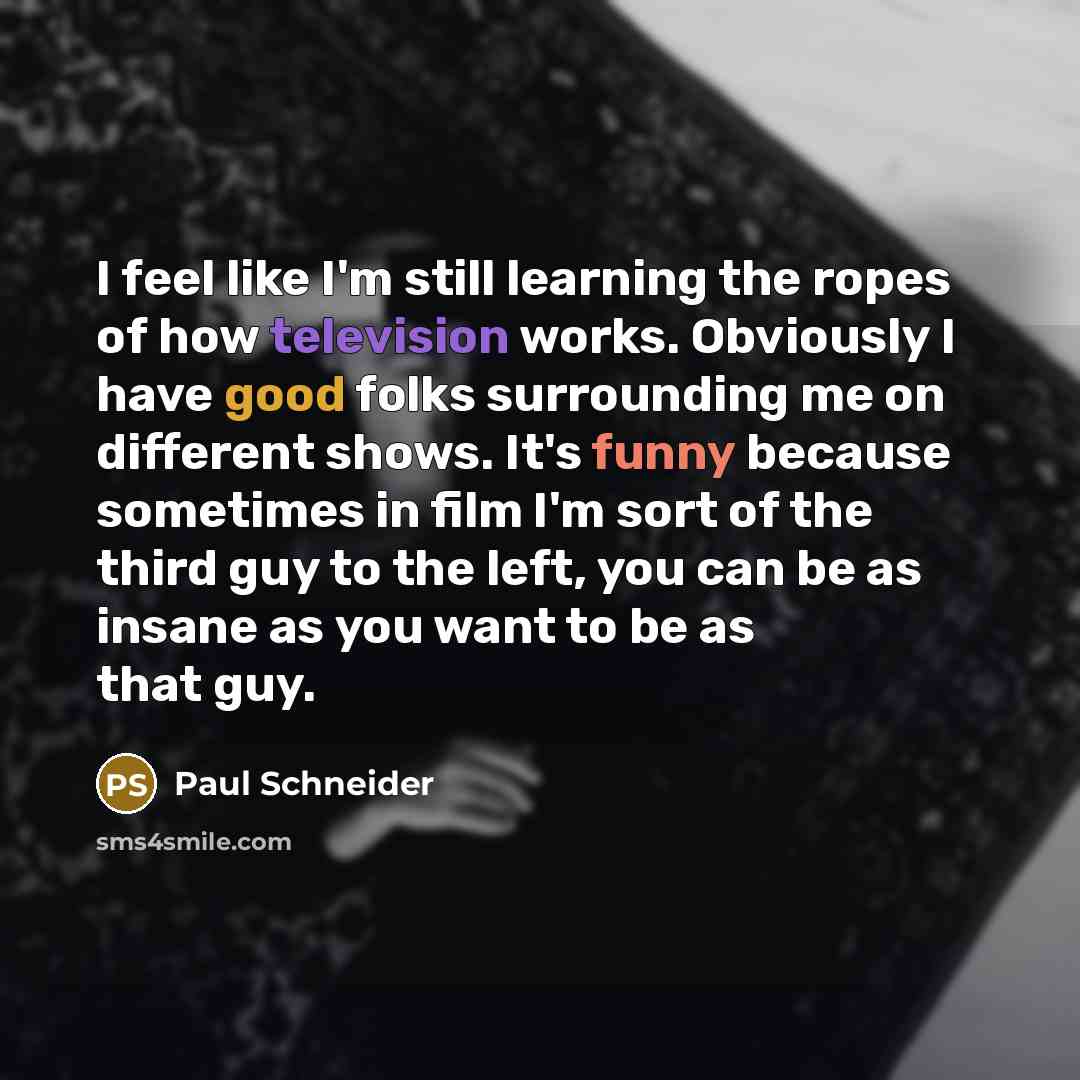 “I feel like I'm still learning the ropes of how television works. Obviously I have good folks surrounding me on different shows. It's funny because sometimes in film I'm sort of the third guy to the left, you can be as insane as you want to be as that guy.” quote by Paul Schneider