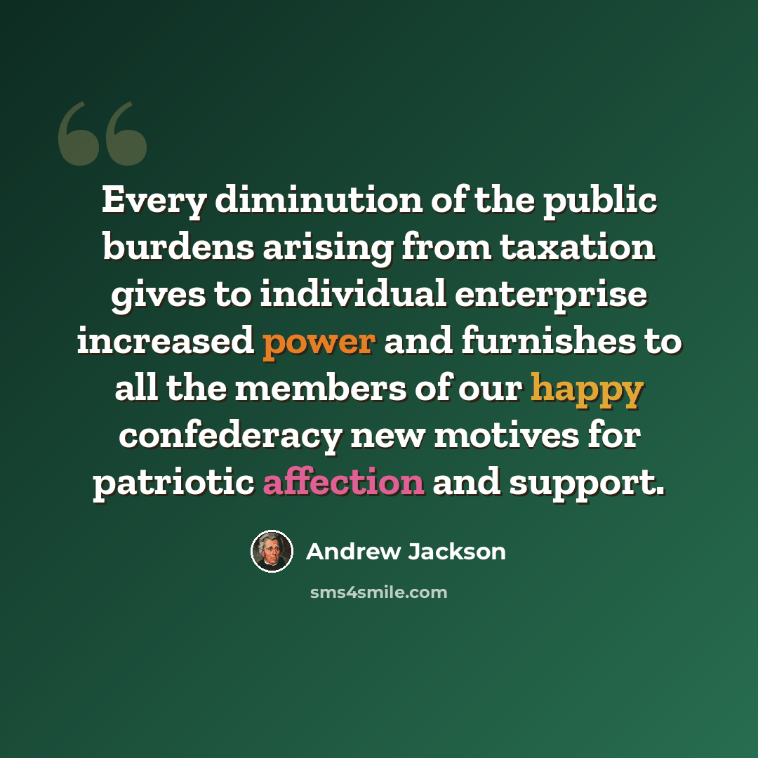 “Every diminution of the public burdens arising from taxation gives to individual enterprise increased power and furnishes to all the members of our happy confederacy new motives for patriotic affection and support.” quote by Andrew Jackson