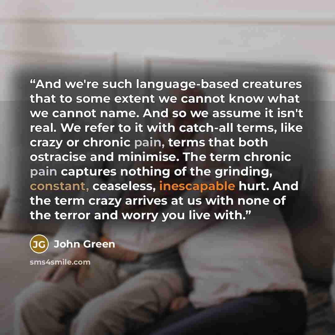 “And we're such language-based creatures that to some extent we cannot know what we cannot name. And so we assume it isn't real. We refer to it with catch-all terms, like crazy or chronic pain, terms that both ostracise and minimise. The term chronic pain captures nothing of the grinding, constant…” quote by John Green