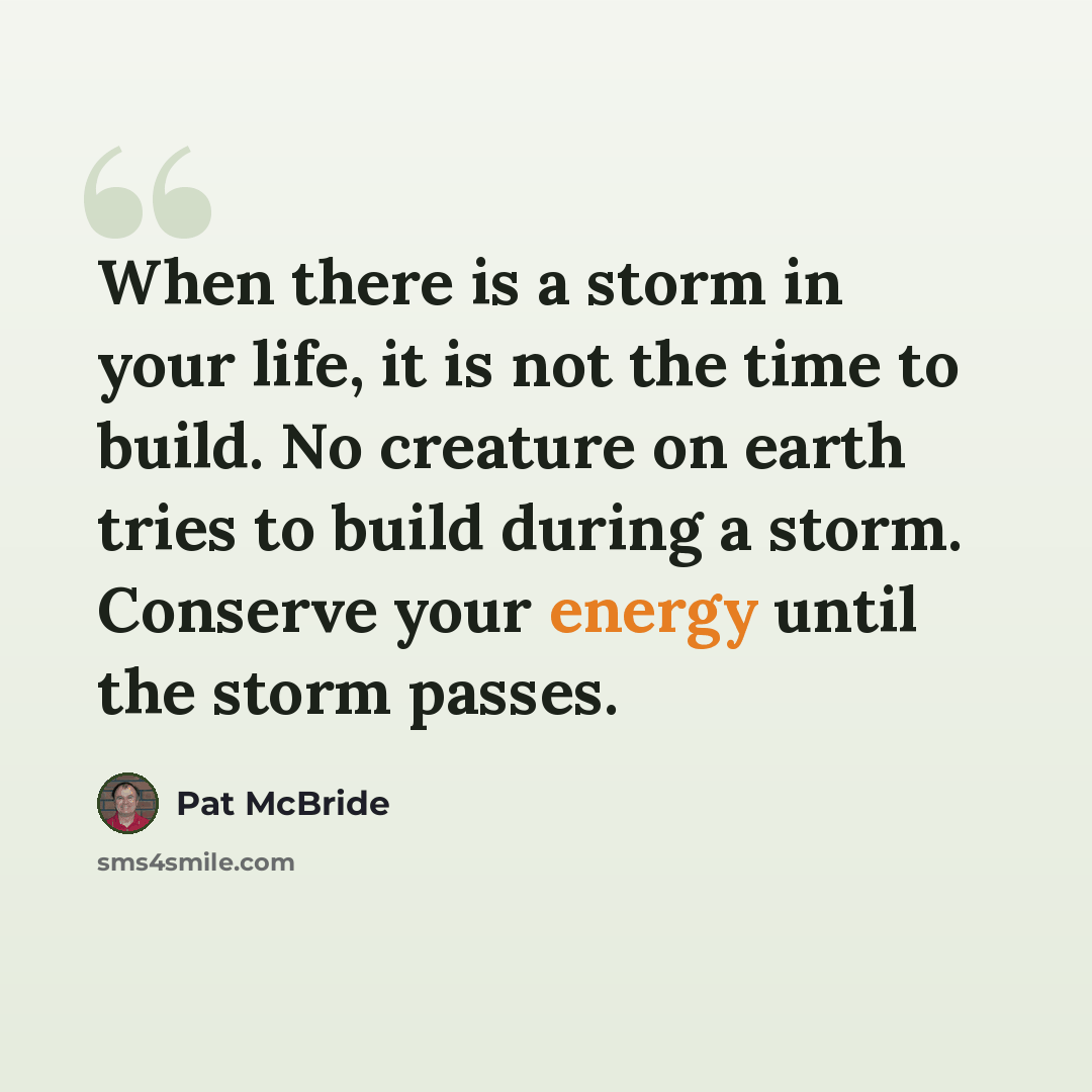 “When there is a storm in your life, it is not the time to build. No creature on earth tries to build during a storm. Conserve your energy until the storm passes.” quote by Pat McBride