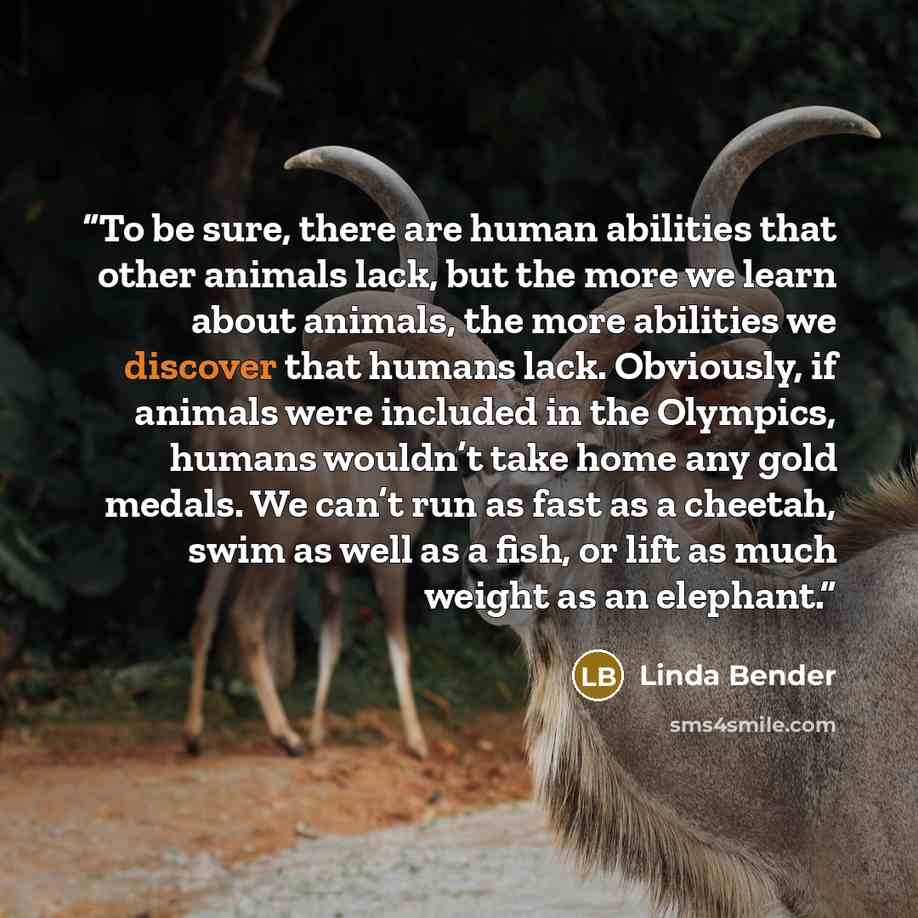 “To be sure, there are human abilities that other animals lack, but the more we learn about animals, the more abilities we discover that humans lack. Obviously, if animals were included in the Olympics, humans wouldn’t take home any gold medals. We can’t run as fast as a cheetah, swim as well as a…” quote by Linda Bender