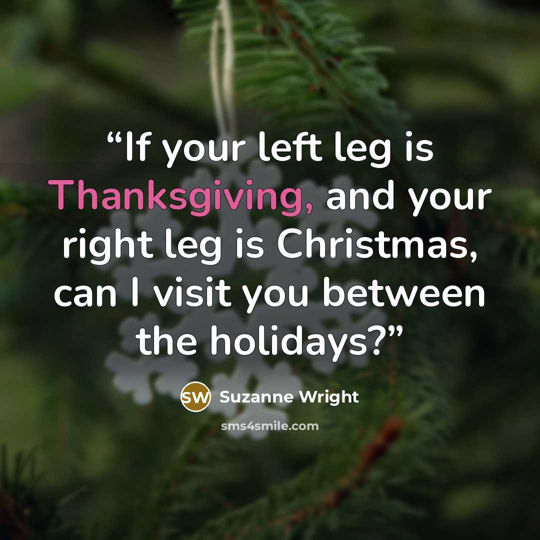 “If your left leg is Thanksgiving, and your right leg is Christmas, can I visit you between the holidays?” quote by Suzanne Wright