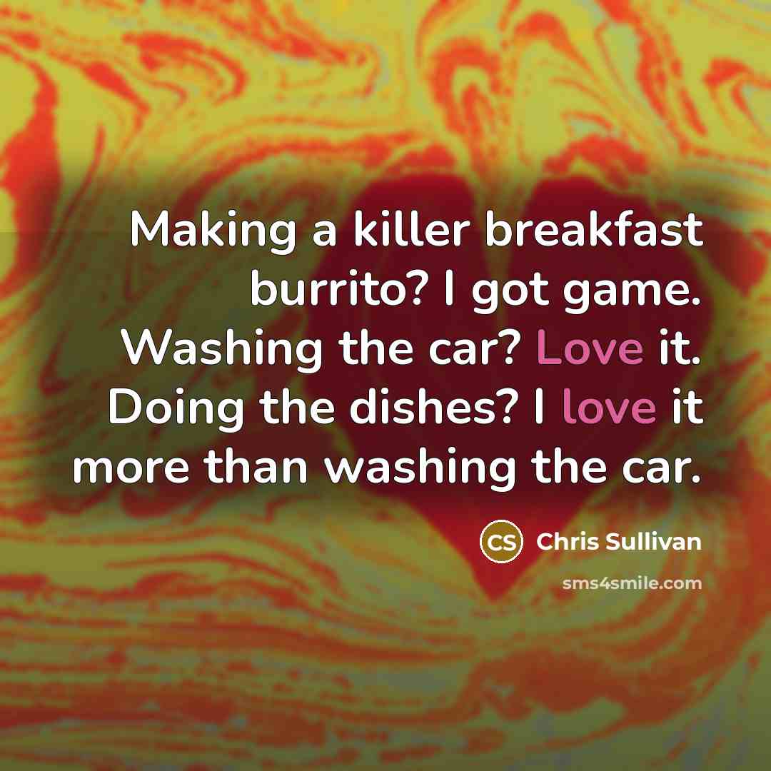 “Making a killer breakfast burrito? I got game. Washing the car? Love it. Doing the dishes? I love it more than washing the car.” quote by Chris Sullivan