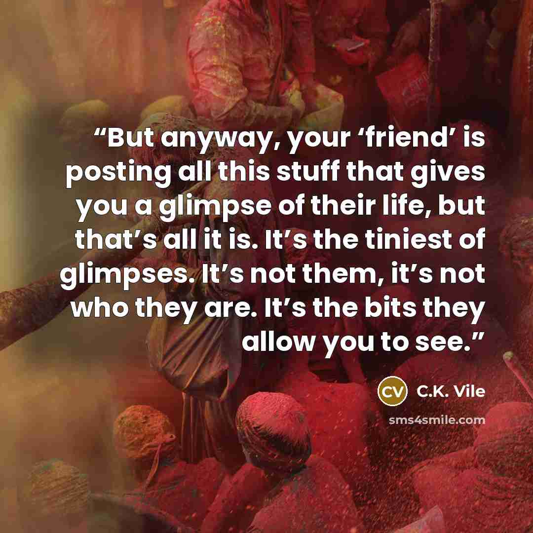 “But anyway, your ‘friend’ is posting all this stuff that gives you a glimpse of their life, but that’s all it is. It’s the tiniest of glimpses. It’s not them, it’s not who they are. It’s the bits they allow you to see.” quote by C.K. Vile