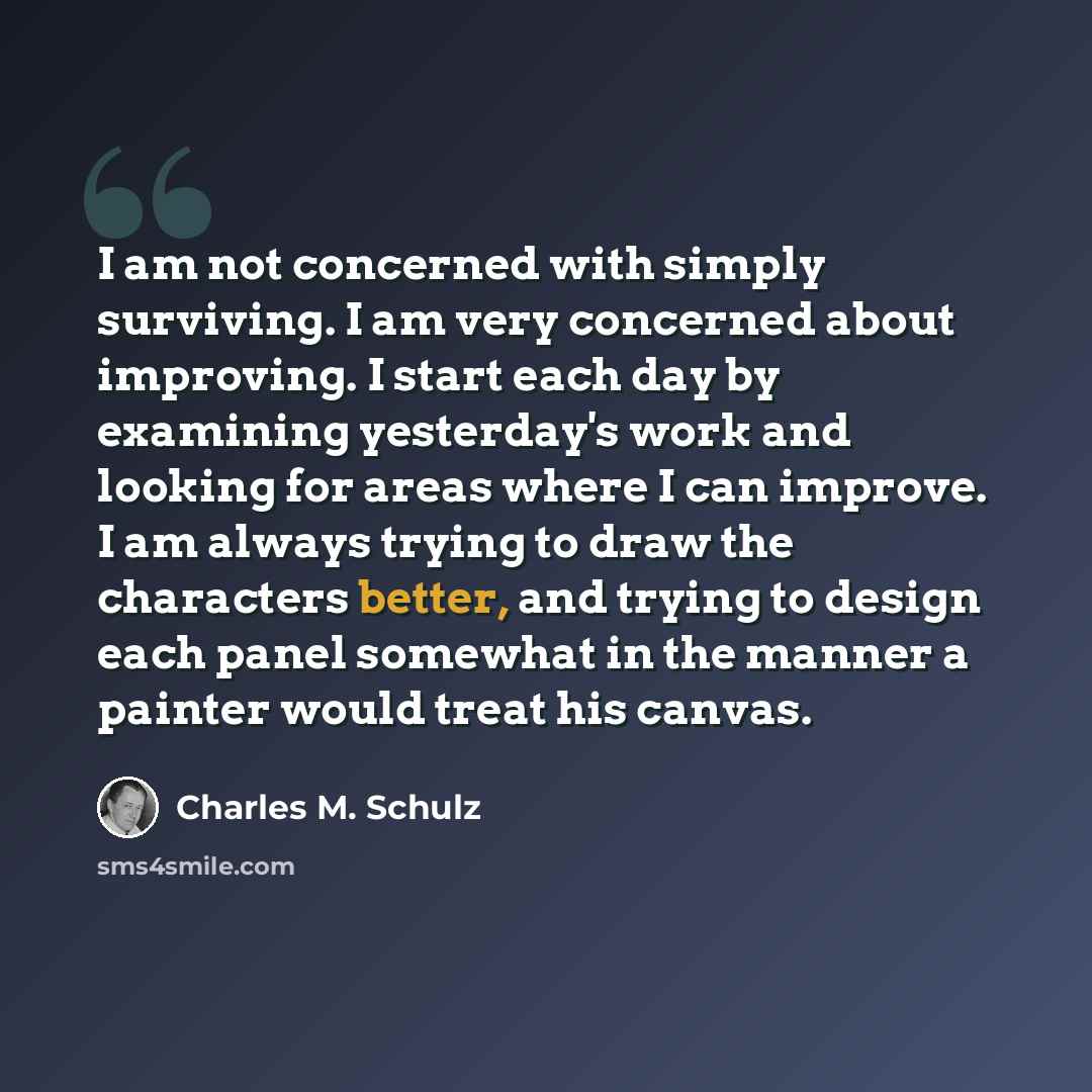 “I am not concerned with simply surviving. I am very concerned about improving. I start each day by examining yesterday's work and looking for areas where I can improve. I am always trying to draw the characters better, and trying to design each panel somewhat in the manner a painter would treat…” quote by Charles M. Schulz