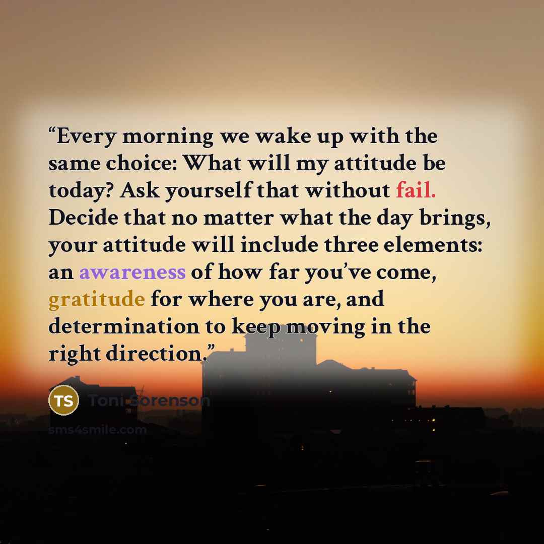 “Every morning we wake up with the same choice: What will my attitude be today? Ask yourself that without fail. Decide that no matter what the day brings, your attitude will include three elements: an awareness of how far you’ve come, gratitude for where you are, and determination to keep moving in…” quote by Toni Sorenson