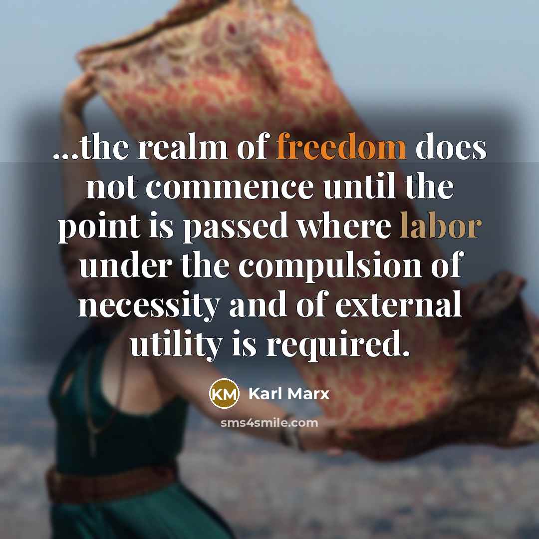 “...the realm of freedom does not commence until the point is passed where labor under the compulsion of necessity and of external utility is required.” quote by Karl Marx