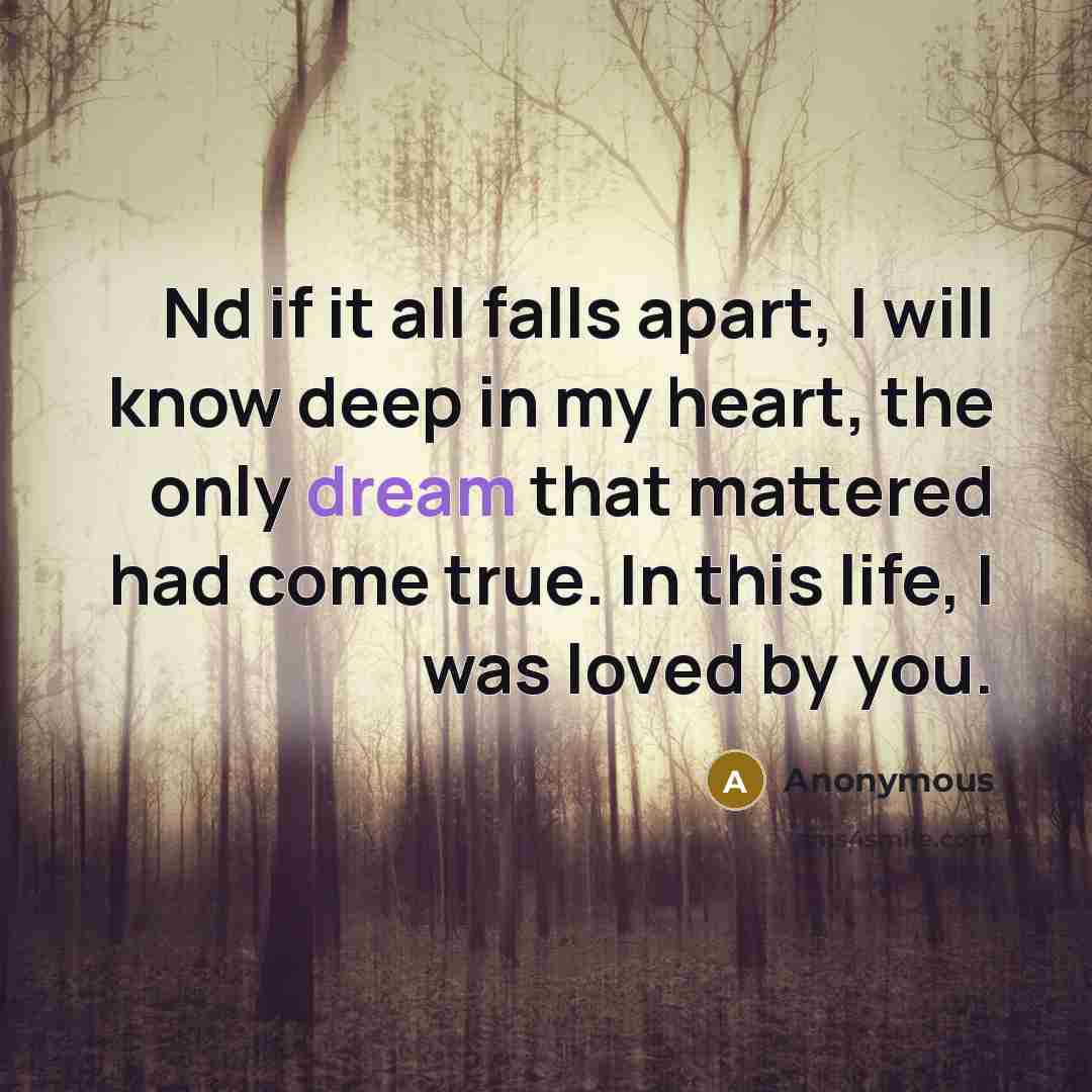 “Nd if it all falls apart, I will know deep in my heart, the only dream that mattered had come true. In this life, I was loved by you.” quote by Anonymous