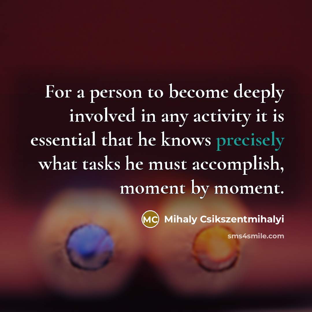 “For a person to become deeply involved in any activity it is essential that he knows precisely what tasks he must accomplish, moment by moment.” quote by Mihaly Csikszentmihalyi